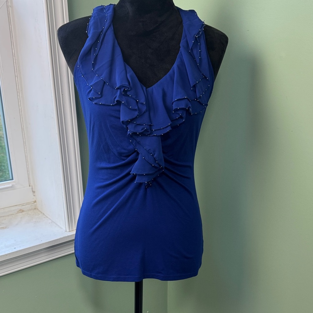 White House Black Market Royal Blue Ruffled Blouse small